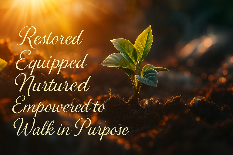 A young plant emerges from the soil. Restored Equipped Nurtured Empowered to Walk in Purpose